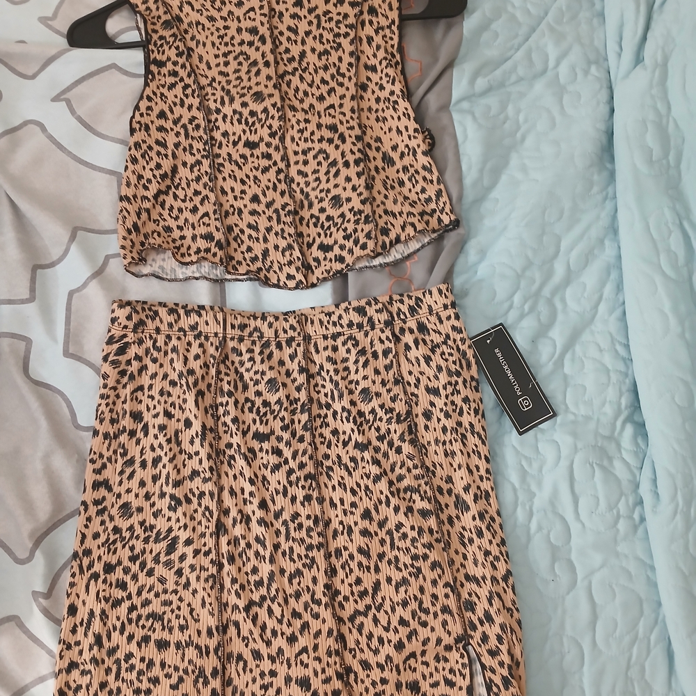 Leopard Print Two-Piece Set - Beige and Black